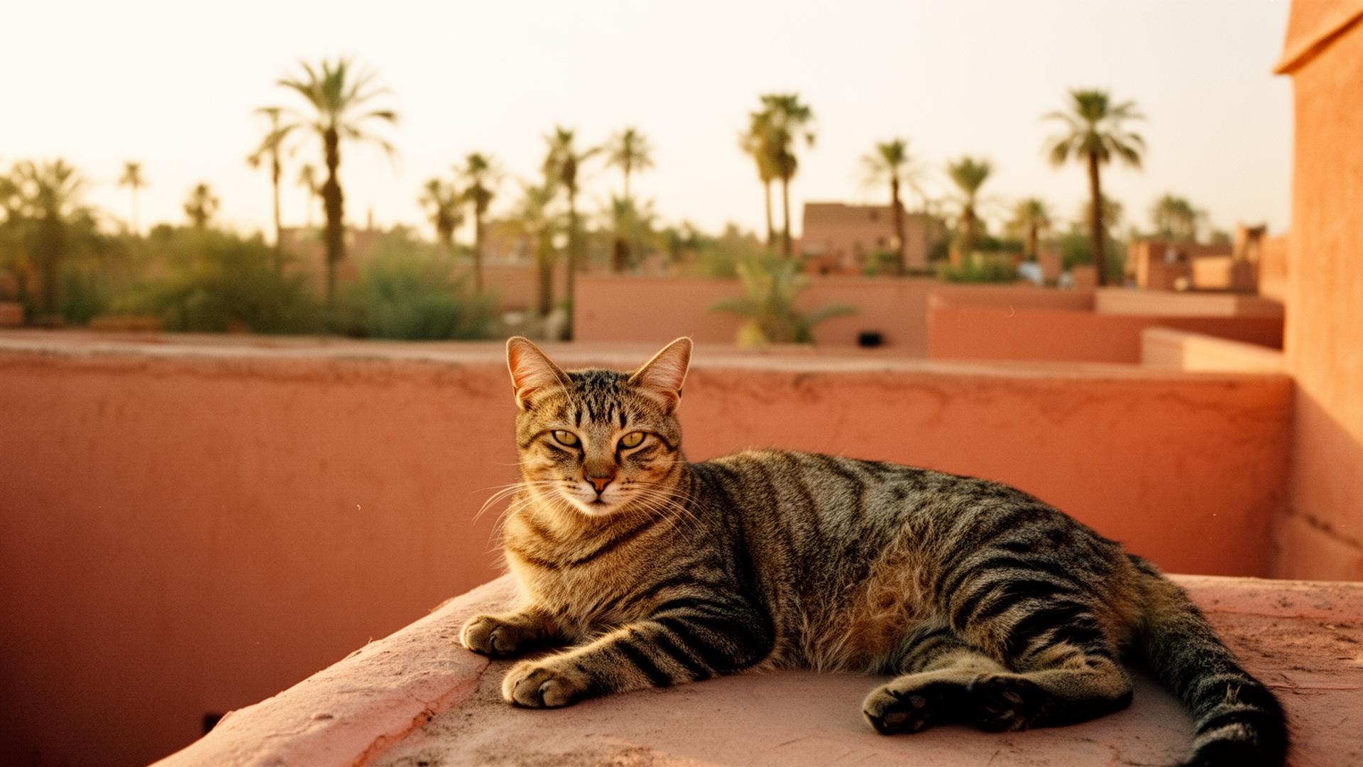 Un chat tigré sur un toit de Marrakech au coucher du soleil